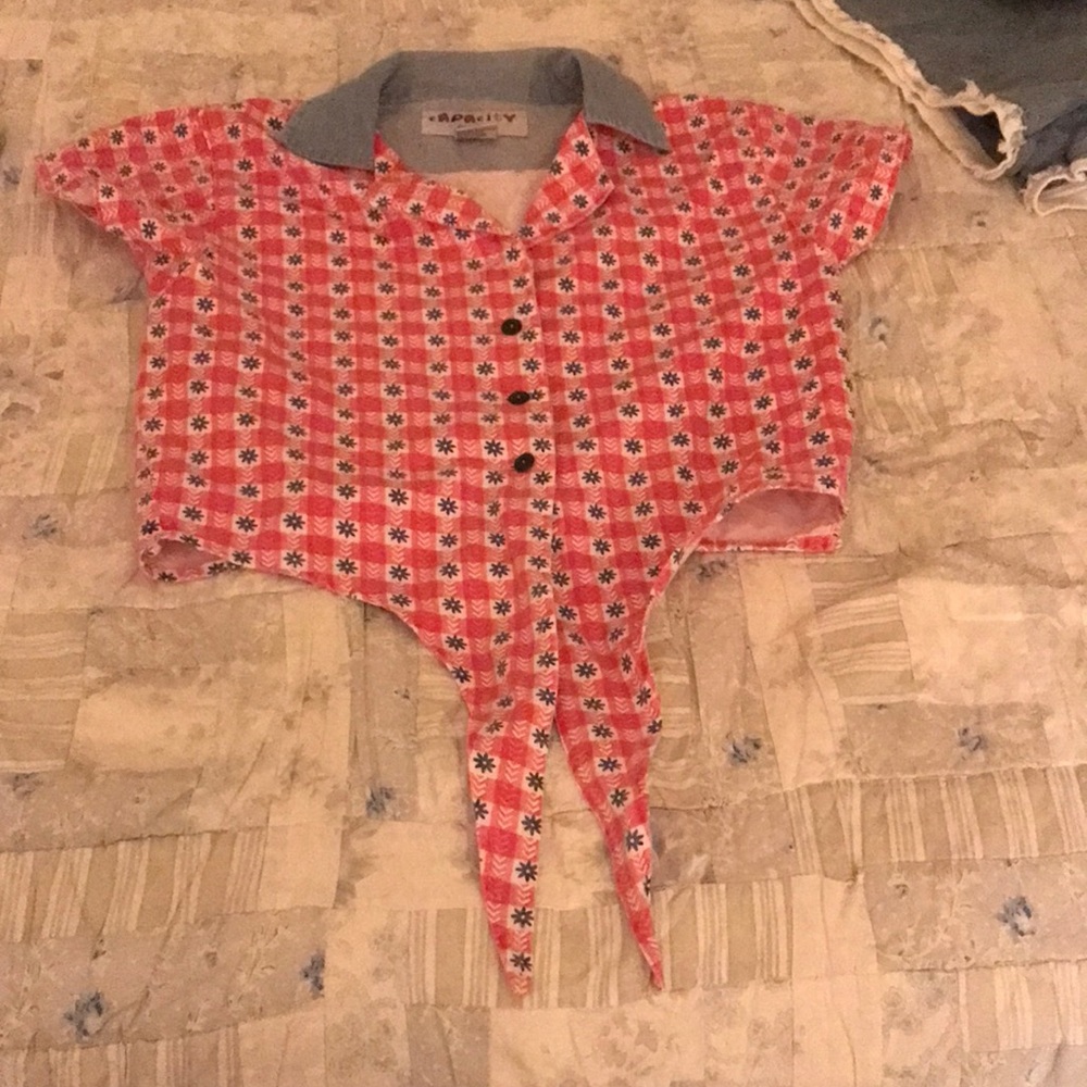 Front tie button up retro short sleeve shirt with collar